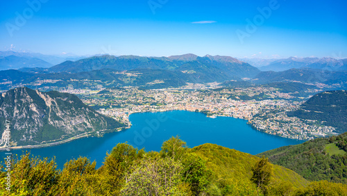 Lugano Lake  Italian  Lago di Lugano  and Lugano city. Lookout from Balcony of Italy on Mount Sighignola. Italy and Switzerland