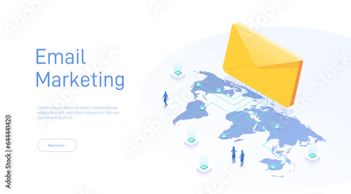 Email service concept. Electronic mail message as business marketing. Newsletter sending mobile service layout or webmail. Web banner template. Email isometric vector illustration.