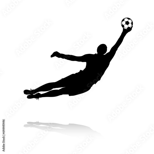 Football Soccer player silhouette with ball. Goalkeeper. High quality isolated Logo. Sport player shooting on white background. Vector illustration