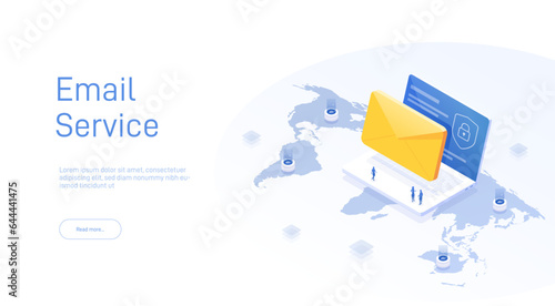 Email service concept. Electronic mail message as business marketing. Newsletter sending mobile service layout or webmail. Web banner template. Email isometric vector illustration.