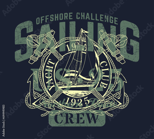 Offshore sailing northern route challenge  vintage vector print for boy kid man t shirt grunge effect in separate layer