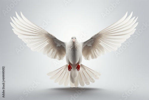 Isolated on white, a white dove glides gracefully with outstretched wings