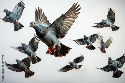 Isolated pigeon flock takes flight with white background  clipping path
