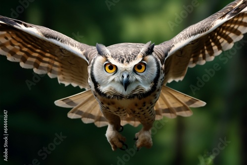 Majestic owl soars, wings outstretched, a breathtaking aerial ballet