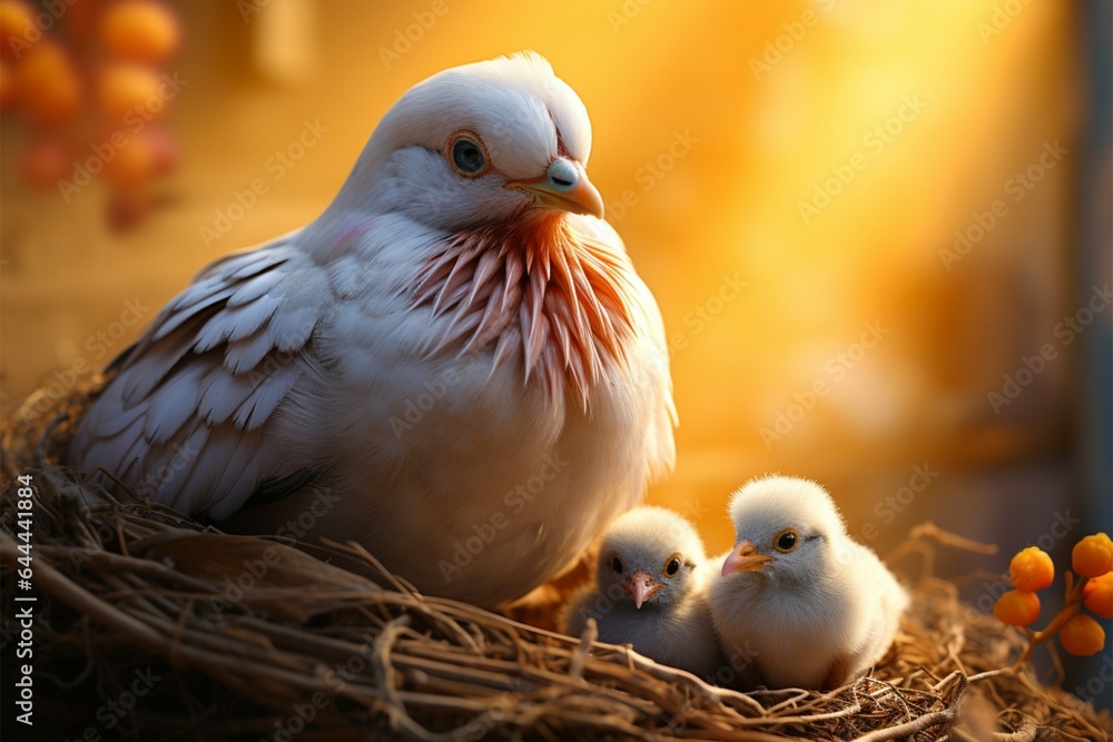 Obraz premium Patient mother pigeon stands watch, awaiting the return of her young