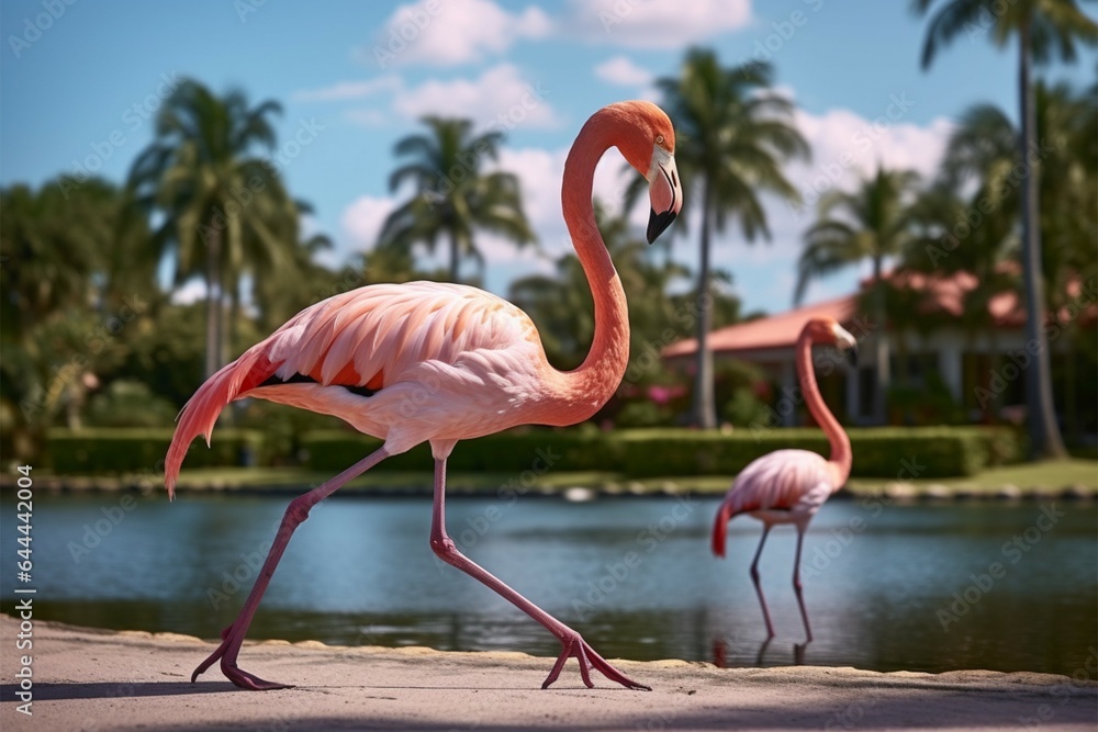 Pink flamingo on green lawn near exotic palms, summer Pink flamingo on green lawn near exotic palms, summer