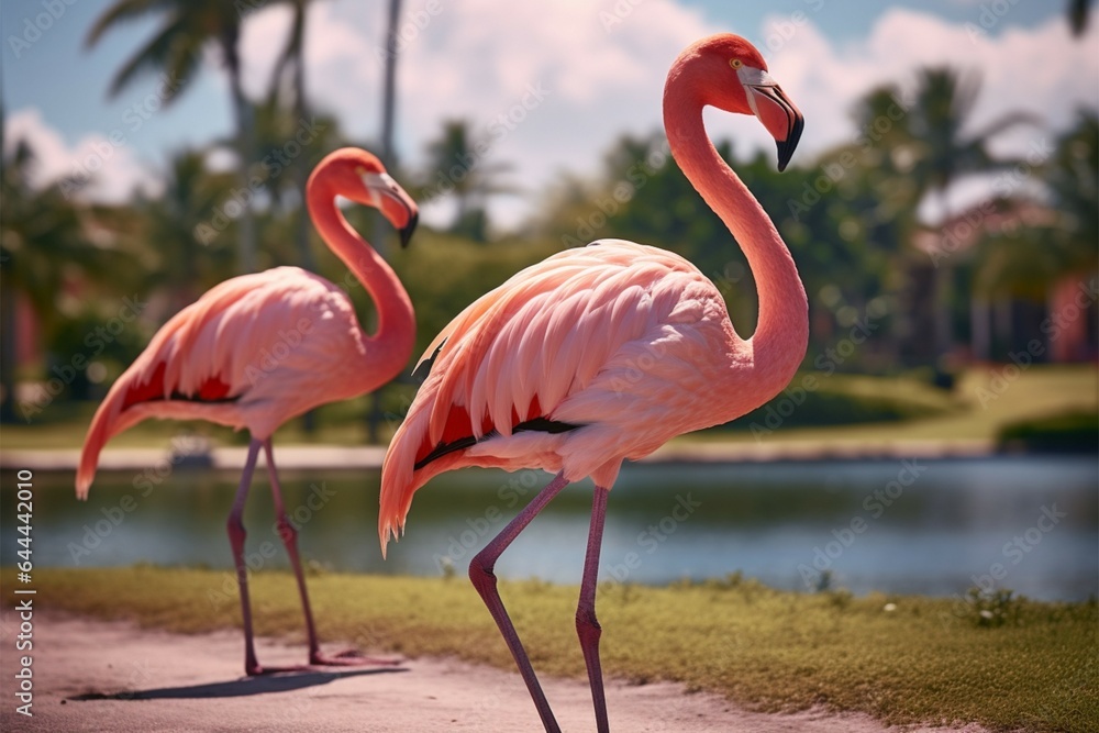 Pink flamingo on green lawn near exotic palms, summer Pink flamingo on green lawn near exotic palms, summer