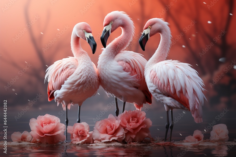 Naklejka premium Serene lake mirrors graceful flamingos wading, reflections dance beneath them