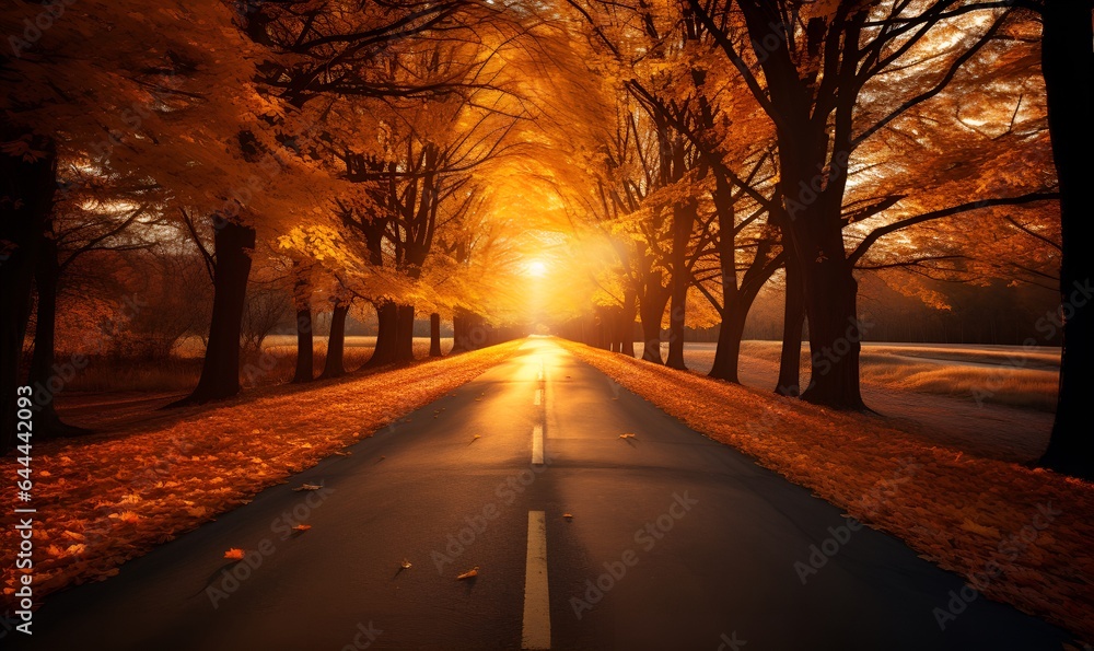 quiet country road with trees on the side of the road with orange fall leaves and sunset, ai generative