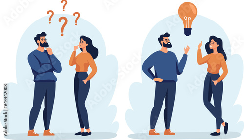 Flat vector illustration. A woman and a man are discussing issues, thinking about making a decision, coming up with an idea. The concept of finding the right solution and idea. Vector illustration © Alena