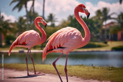 Pink flamingo on green lawn near exotic palms, summer