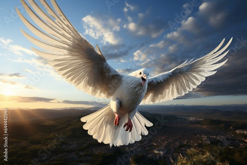 Pristine white homing pigeon soars through the endless, open skies