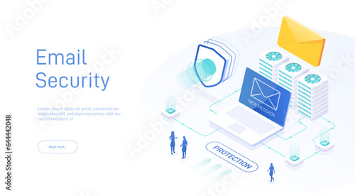 Email service security concept. Creative vector isometric illustration. Electronic mail message as part of business marketing. Webmail or mobile service layout for website landing page.