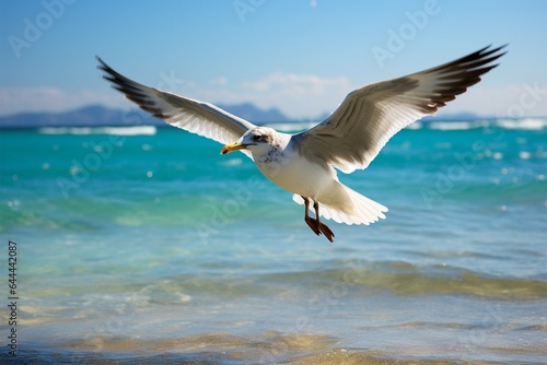 Seagull in flight, sunny ocean backdrop, a coastal avian ballet