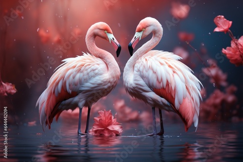 Serene lake mirrors graceful flamingos wading, reflections dance beneath them