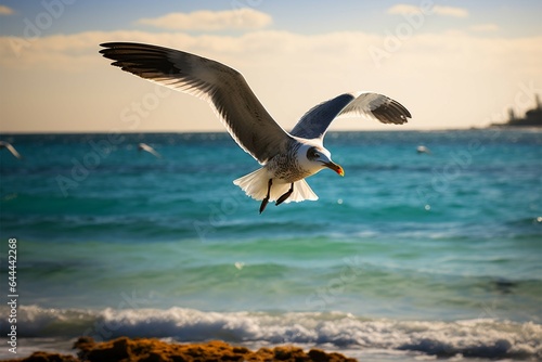 Sunlit seagull soars, ocean below, a radiant coastal spectacle