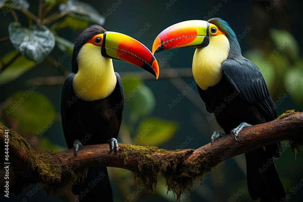 Toucan perched on a branch amidst lush forest greenery Toucan perched on a branch amidst lush forest greenery
