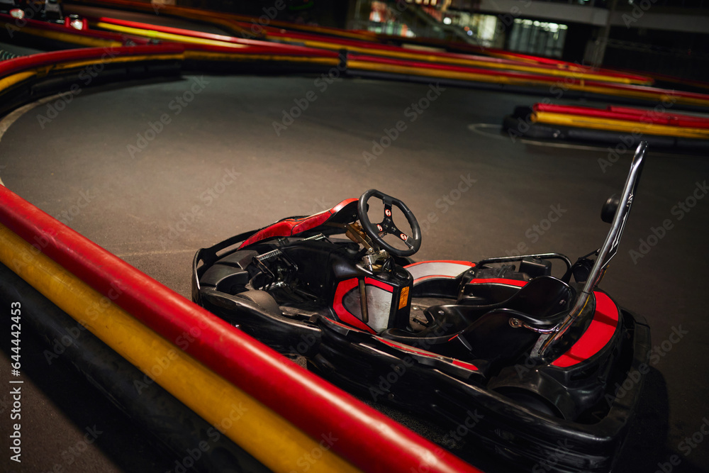 go kart, car for racing or red racing, inside of indoor kart circuit, motor race vehicle