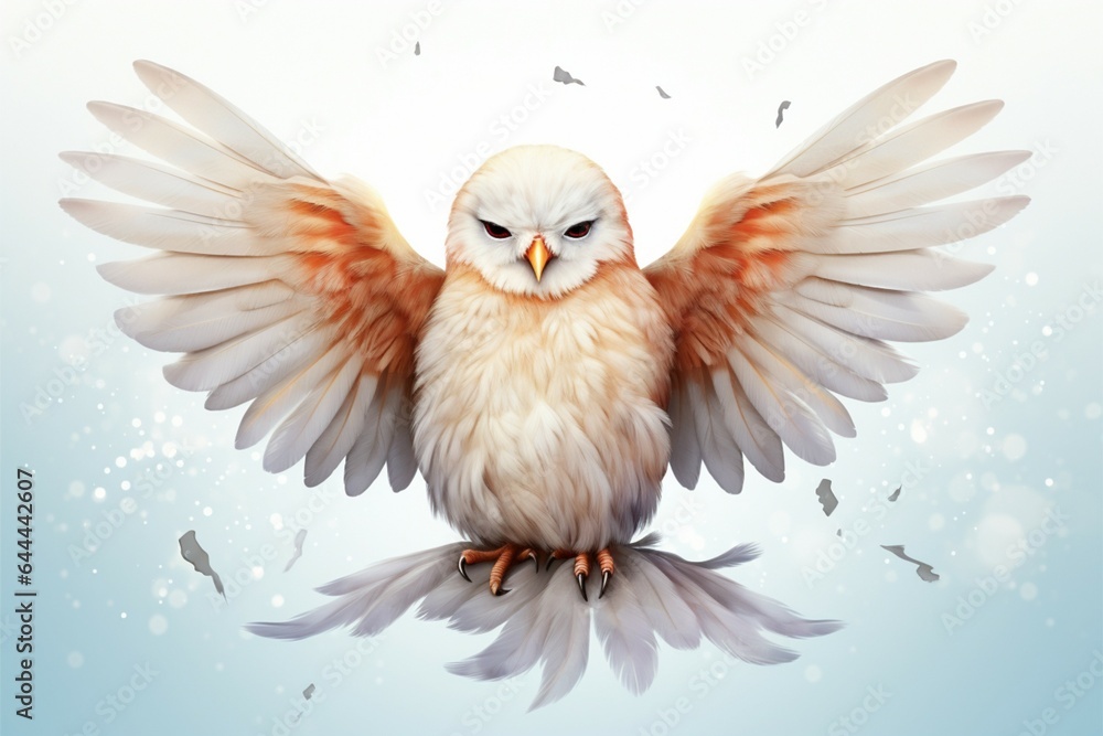 Obraz premium White dove, wings outstretched, isolated on white background, mid flight