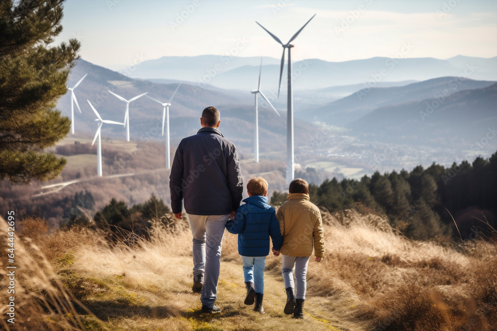 Nature lifestyle electricity happy turbine family father together happiness childhood