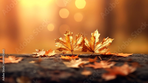 Red maple leaves on the ground and beautiful light bokeh in the park in autumn  tranquil and beautiful forest  autumn nature background.