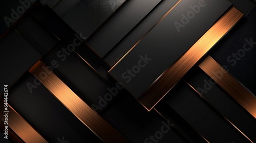 Shiny black and copper metal steel overlap stripes design  abstract luxury background with copy space.