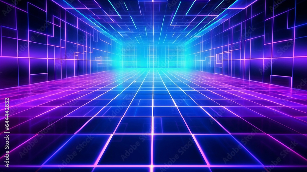 Neon glow blue purple and pink perspective grid tunnel, cyber pace, digital and techonology concept, retro future abstract background. Neon glow blue purple and pink perspective grid tunnel, cyber pace, digital and techonology concept, retro future abstract background.