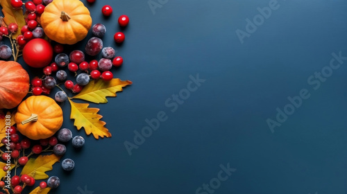 Pumpkin and berries autumn harvest and leaves on navy blue background  top view  Thanksgiving and Halloween autumn background.
