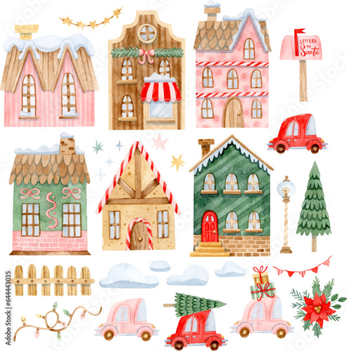 Christmas village constructor with watercolor houses, cars, trees and snow