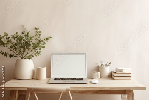Home office desk in a neutral color palette. A vase  laptop  a stack of journals. Simple composition. Generative AI