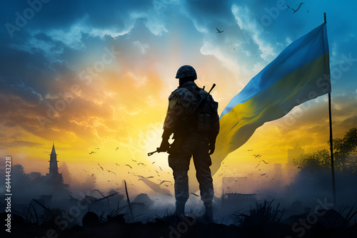 Flag of Ukraine with silhouette of soldier against the sunrise or sunset. Concept - armed forces of Ukraine. Relationship between Ukraine and Russia. Generative AI