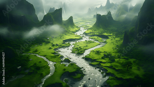 Fantasy alien planet. Mountain and river