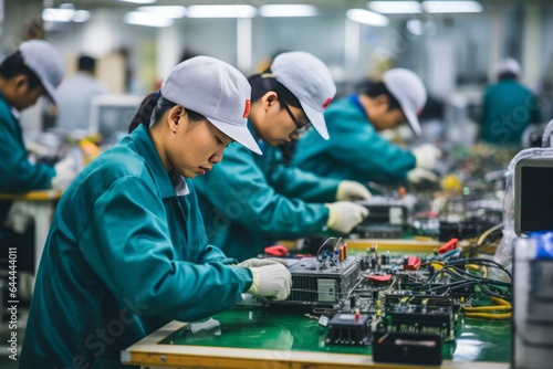 Asian woman worker. Modern factory. AI generative photo