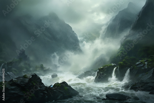 Beautiful waterfall in the mountains with fog in the morning