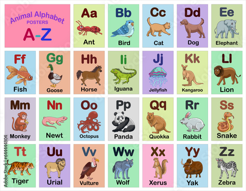 Set of Animal Alphabet poster design illustration for kids A to Z for education and game 