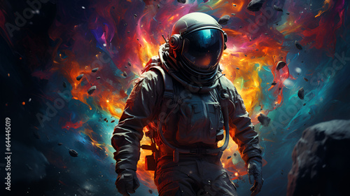 astronaut in the middle of a colorful galaxy