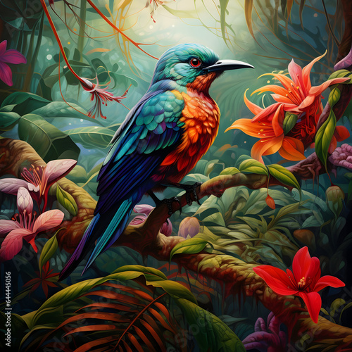 A vibrant tropical bird perched on a lush jungle branch, bird of paradise © VisionCraft