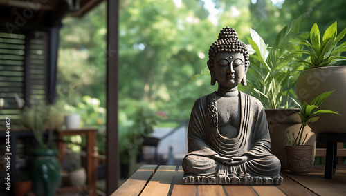 Buddha statue on the wooden table and green nature background