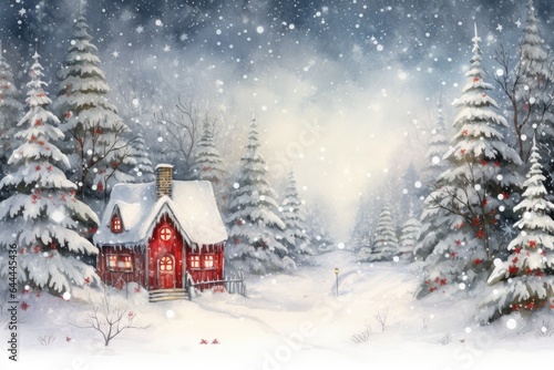 Winter landscape with spruce forest, red house and snowfall