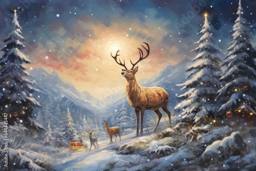 Deer in the wooded mountains at sunset in winter