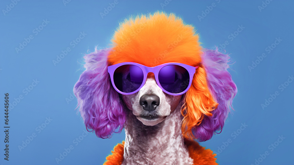 Creative poodle in glasses with colorful orange coat on a blue background