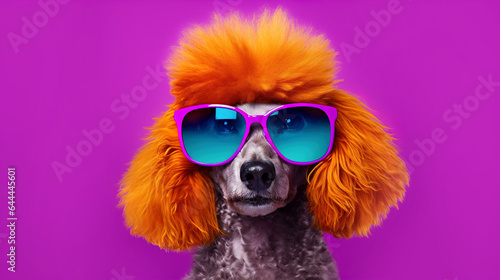 Creative poodle in glasses with colorful orange coat on a purple background © dwoow