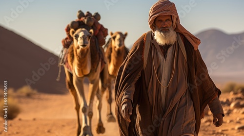 Man is leading camels in the desert