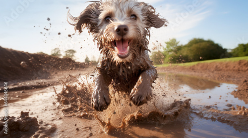 Happy dirty dog playing in a muddy puddle