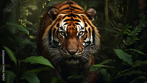 Portrait of a tiger in the jungle. 3d rendering. © Andsx