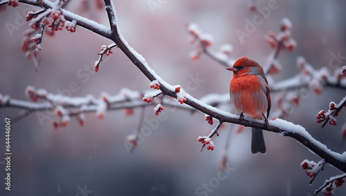 Red bird sitting on a branch covered with snow. Winter background © Andsx