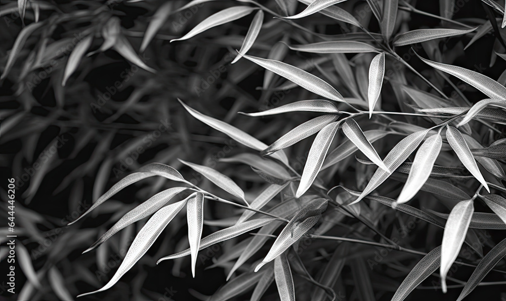Fototapeta premium Leaves in the night light textured wallpaper. Forest bamboo in night vision mode background. For banner postcard, book illustration. Created with generative AI tools
