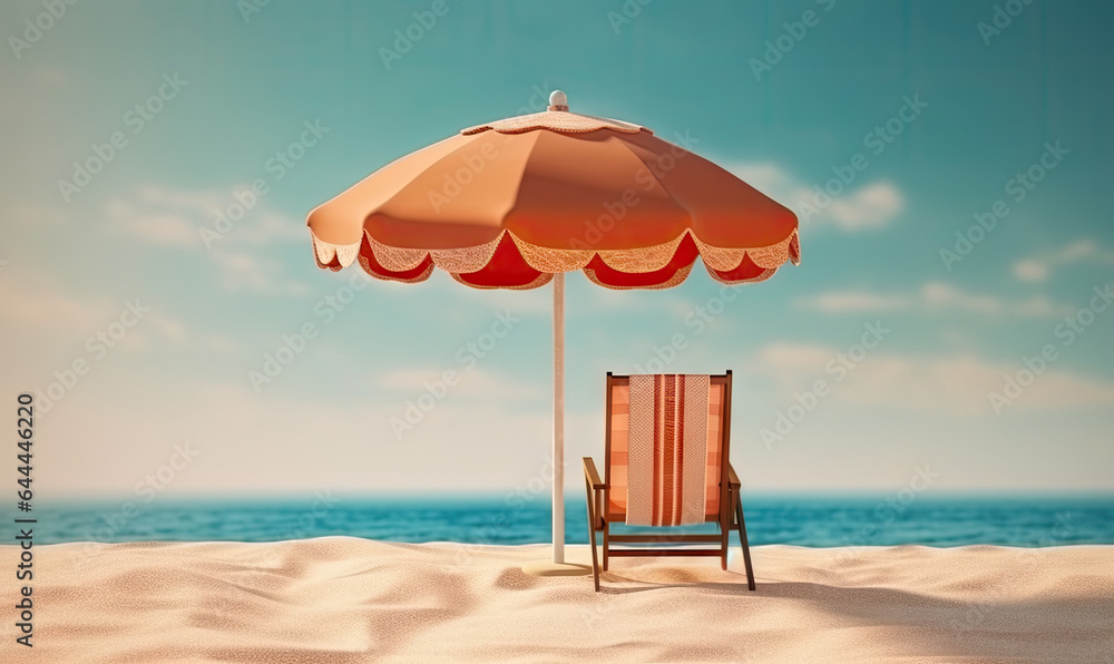 Tropical landscape with sun beds and umbrella of the beach. Vacation on a beautiful island. For banner, postcard, book illustration. Created with generative AI tools