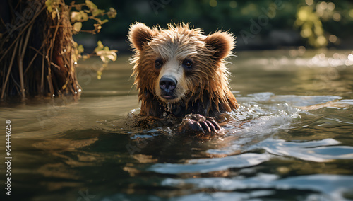 Brown bear swims in the water on a sunny summer day.
