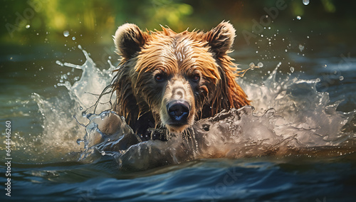 Brown bear swims in the water. Kamchatka brown bear